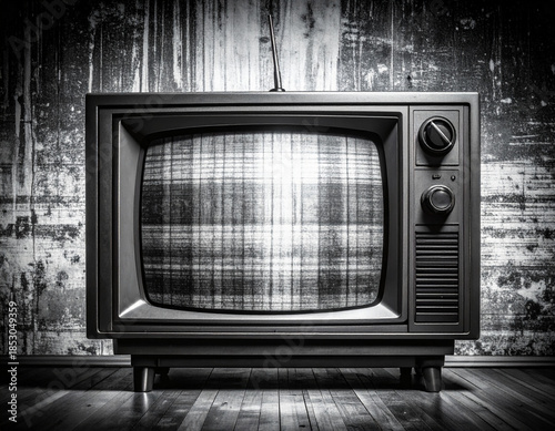 Vintage television set displaying static on a plaid screen against a textured wall