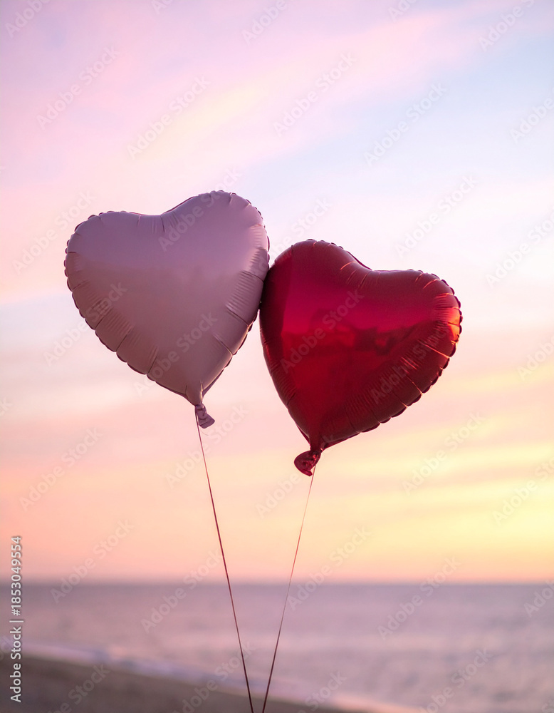 Fototapeta premium Two heart-shaped balloons float gently against a soft pastel sunset sky over the ocean