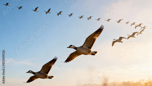V-shaped flock of migrating birds flying across soft blue sky, serene composition. wildlife magazines, conservation campaigns, designed for wildlife conservation campaigns.