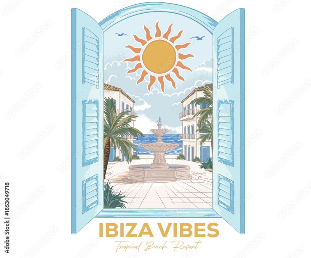Fototapeta premium Summer good vibes vector graphic design for poster. Ibiza beach view from resort window t-shirt. Ibiza beach graphic print design. Beach hotel watercolor painting.