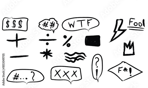 Collection of hand drawn emotive and mathematical symbols