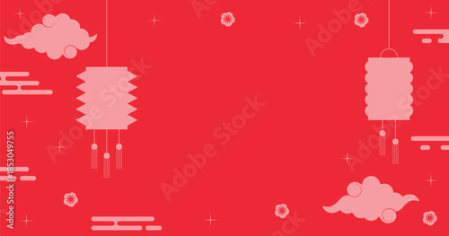 Vector horizontal red background for Chinese New Year. Asian elements: clouds, lanterns, waves, and flowers. Vector illustration with space for text.