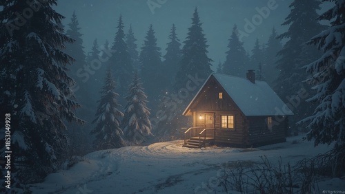 Snowy Christmas Cabin In Pine Forest With Warm Evening Lights