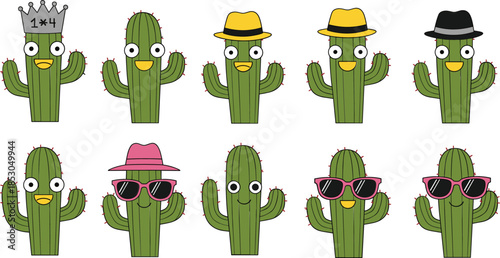 Funny cactus character vector illustration set with cute cartoon expressions wearing hats crowns and sunglasses