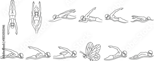 Swimming techniques illustration set with swimmer poses and strokes in clean line art style for sports training diagrams