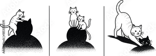 Playful cats illustration set in vintage stipple style showing kittens interacting in cute scenes for nursery art decor