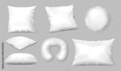 Realistic pillow mockup with fluffy cotton and linen texture for bedding product, home decor and interior. Vector 3D set of square and round cushions for sleep