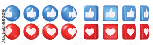 Social media like 3D icon with glossy heart and thumbs up for social media reaction, feedback and rating red and blue shiny button. Vector isolated set