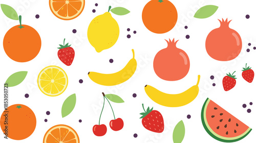 Seamless colorful fruit pattern vector illustration with oranges bananas strawberries watermelon citrus and berries on white background
