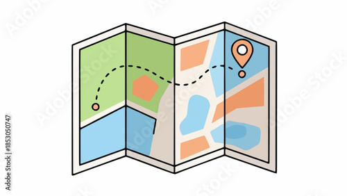 vector illustration of a folded map with dotted route line and location pin