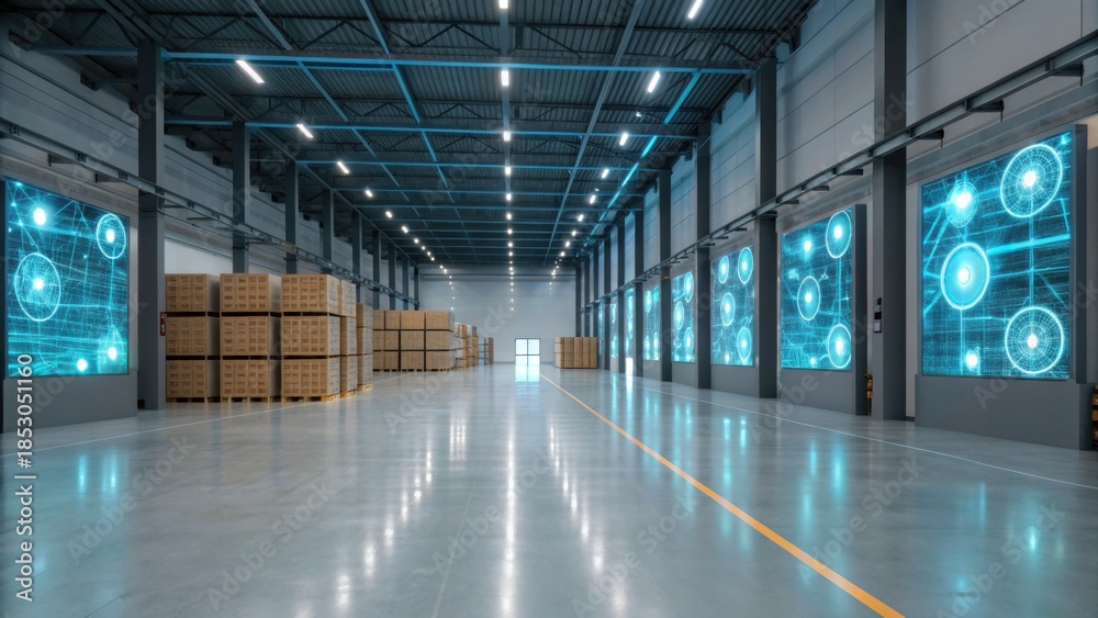 Fototapeta premium A modern warehouse interior featuring digital displays and stacked boxes, showcasing advanced technology and spacious design.
