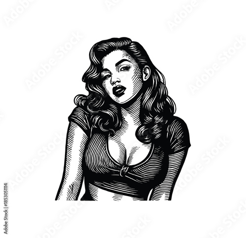 Vintage Pin-Up Woman Portrait – Black and White Engraving Illustration