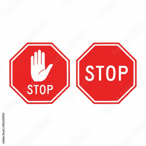 Vector set of two red octagonal stop signs one with a white hand symbol and text, the other pure text. Essential graphics for traffic control, road safety, and regulatory communication