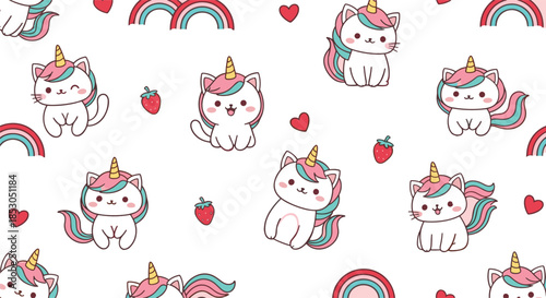 Seamless cute unicorn cat pattern vector illustration with kawaii kittens rainbows hearts and strawberries on pastel background