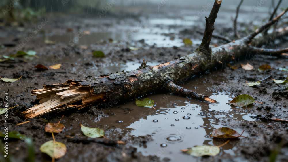 Obraz premium A broken tree branch lying in mud after a storm, scattered leaves and water droplets. gardening catalogs, home-decor guides, designed for gardening and botanical catalogs, celebrates nature.