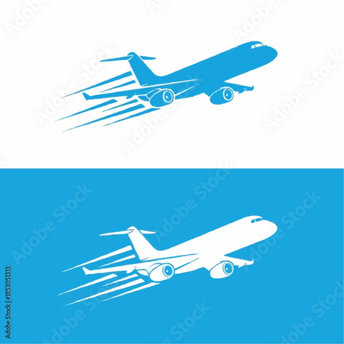 An airplane is depicted from a side view taking off into the sky, its engines leaving a trail of speed lines, conveying a sense of swift movement and the excitement of air travel