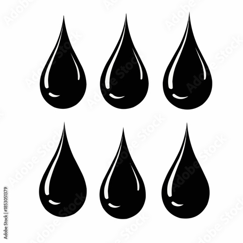 Set of six black oil drops or ink blots, illustrating concepts of liquids, fluids, or viscous substances, perfect for graphic design, industrial, or scientific contexts, symbolizing purity or elements
