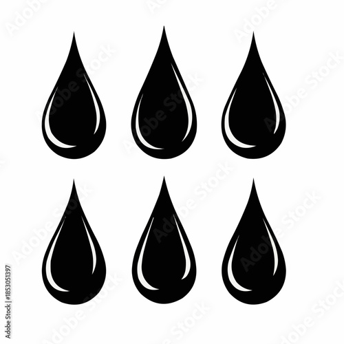 Stylized liquid drop collection, sleek graphic elements for fluid concepts and purity, representing essence of flow, natural movement, and versatile design applications