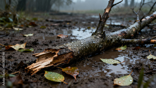  A broken tree branch lying in mud after a storm, scattered leaves and water droplets. gardening catalogs, home-decor guides, designed for gardening and botanical catalogs, celebrates nature.