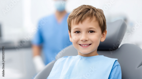 Faceless smile child with dentist consultation in office, heavily defocused background, anonymous happy kid paediatric hygienist for dental checkup, show cavity extraction oral hea