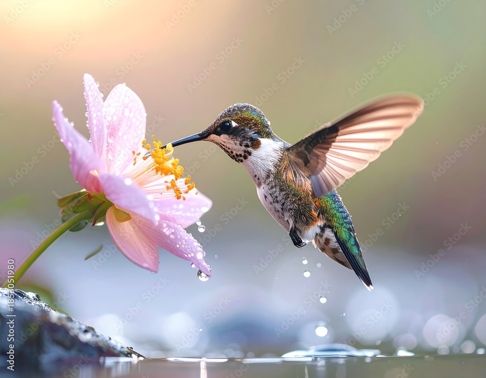Naklejka premium Tiny hummingbird in vibrant flight sips sweet nectar from a delicate pink flower touched by morning dew beside a forest stream