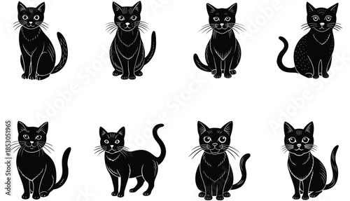 Set of black cats looking out of the corner. Collection of cat faces that spy on you. Playing pets. Tattoo.