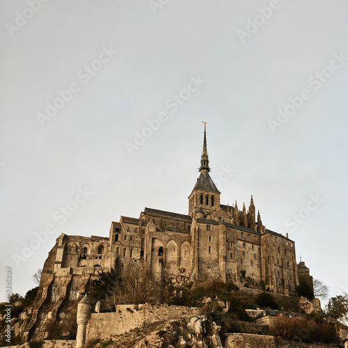 Gothic Cloister with Stone Columns at Mont Saint-Michel Abbey, France