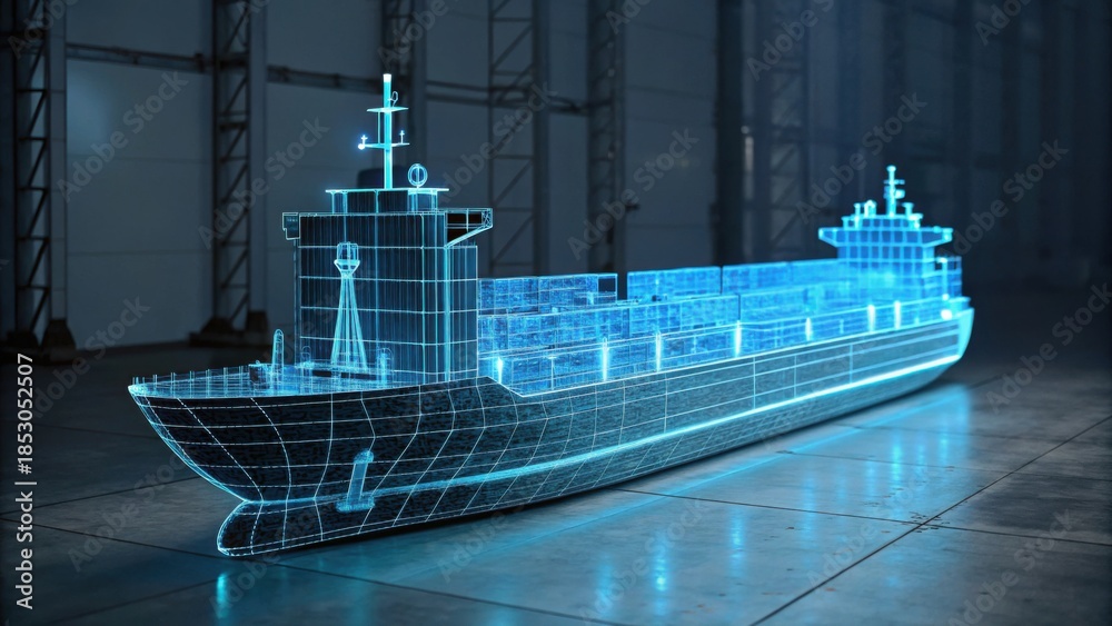 Fototapeta premium A futuristic holographic representation of a cargo ship, showcasing advanced technology and design in a modern industrial setting.