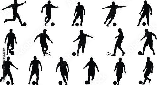 Football player silhouette collection, soccer dribbling kicking poses, male athlete action set, sports training movement, dynamic gameplay vector illustration