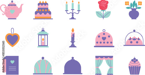 Cute pastel flat vector illustration set with teapots cakes candles flowers lanterns and romantic celebration elements
