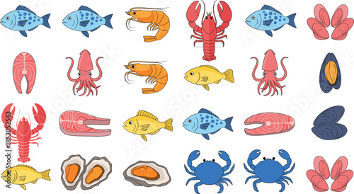 Seafood and marine animals vector illustration set with fish lobster shrimp crab squid mussels and oysters