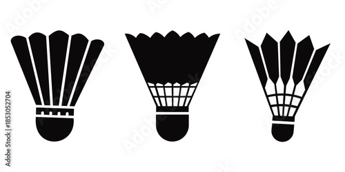 Badminton shuttlecock vector icons set in black and white silhouette styles.