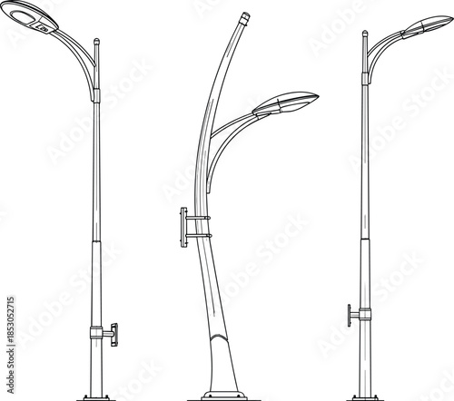 Modern street light pole technical line illustration set showing urban LED streetlamp designs for city infrastructure, road lighting, and public space planning