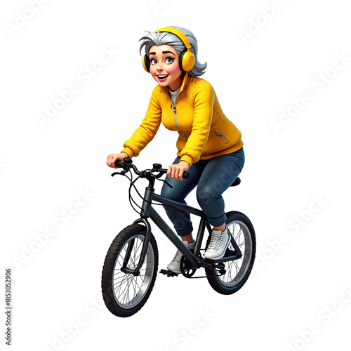 Active elderly woman riding a bicycle and enjoying music with headphones  