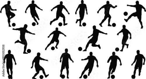 Soccer player silhouette set, football dribbling and kicking poses, male athletes action collection, sports training movement, dynamic gameplay illustration vector