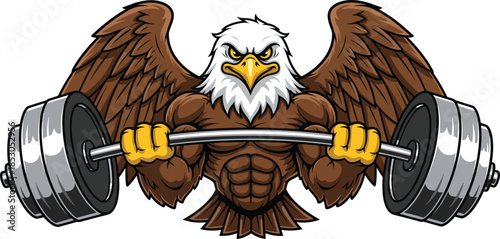 Powerful muscular eagle lifting barbell illustration, fitness strength symbol, bodybuilding mascot, gym workout concept, aggressive bird character design