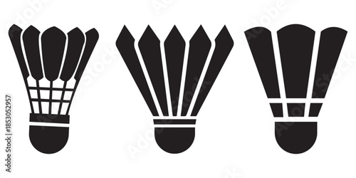 Badminton shuttlecock vector icons set in black and white silhouette styles.