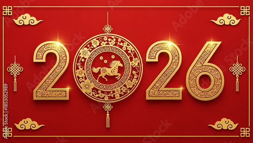Golden 2026 chinese new year decoration on red background