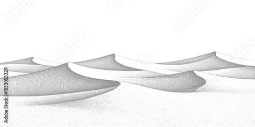 Black and white stippling art of rolling desert sand dunes with a minimalist aesthetic