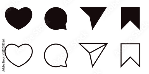 Social media interaction icons set for like, comment, share, repost, and save buttons.