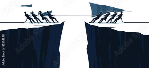 Teamwork tug of war illustration, business competition concept, people pulling rope across cliff gap, leadership challenge, cooperation strategy vector art