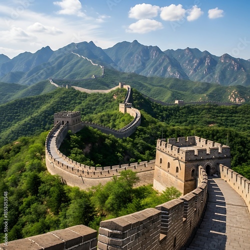 A winding, historic stone structure snakes across a mountainous landscape under a bright blue sky. Lush greenery dots the terrain