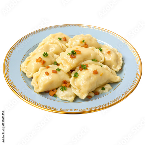 Dumplings served on a blue plate with herbs and diced vegetables  