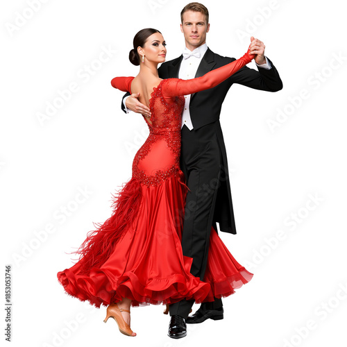 Professional couple dancing in elegant red ballroom attire  
