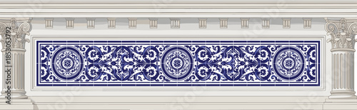 Classic architectural frieze with blue ornamental tile panel and decorative columns, detailed historical facade illustration for luxury interior and exterior design