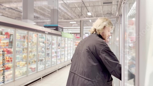 Man choosing frozen food from a supermarket freezer., reading product information