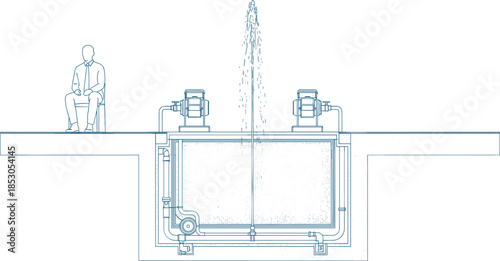 Technical fountain water system section drawing with pumps and piping, architectural engineering illustration for landscape design, public plaza planning, and hydraulic projects