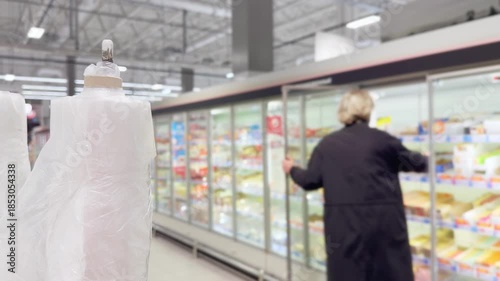 Man choosing frozen food from a supermarket freezer., reading product information