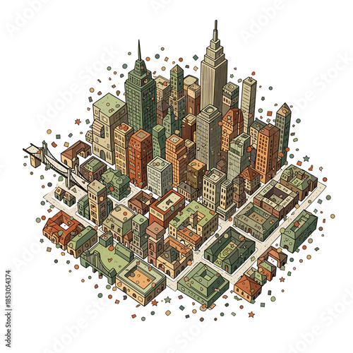 Colorful city skyline illustration with buildings and parks  
