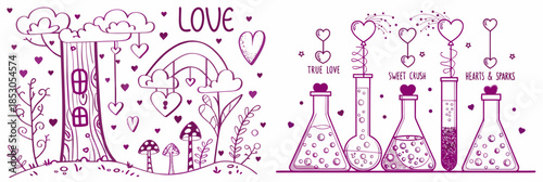Whimsical love themed illustrations with hearts and beakers